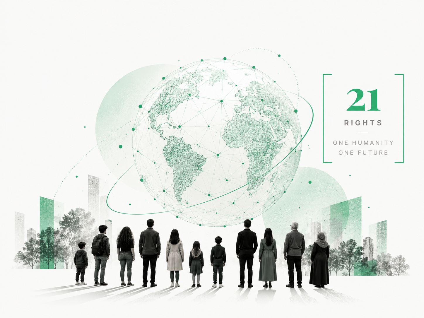 Abstract global network sphere with intergenerational human silhouettes representing 21 rights, one humanity, one future